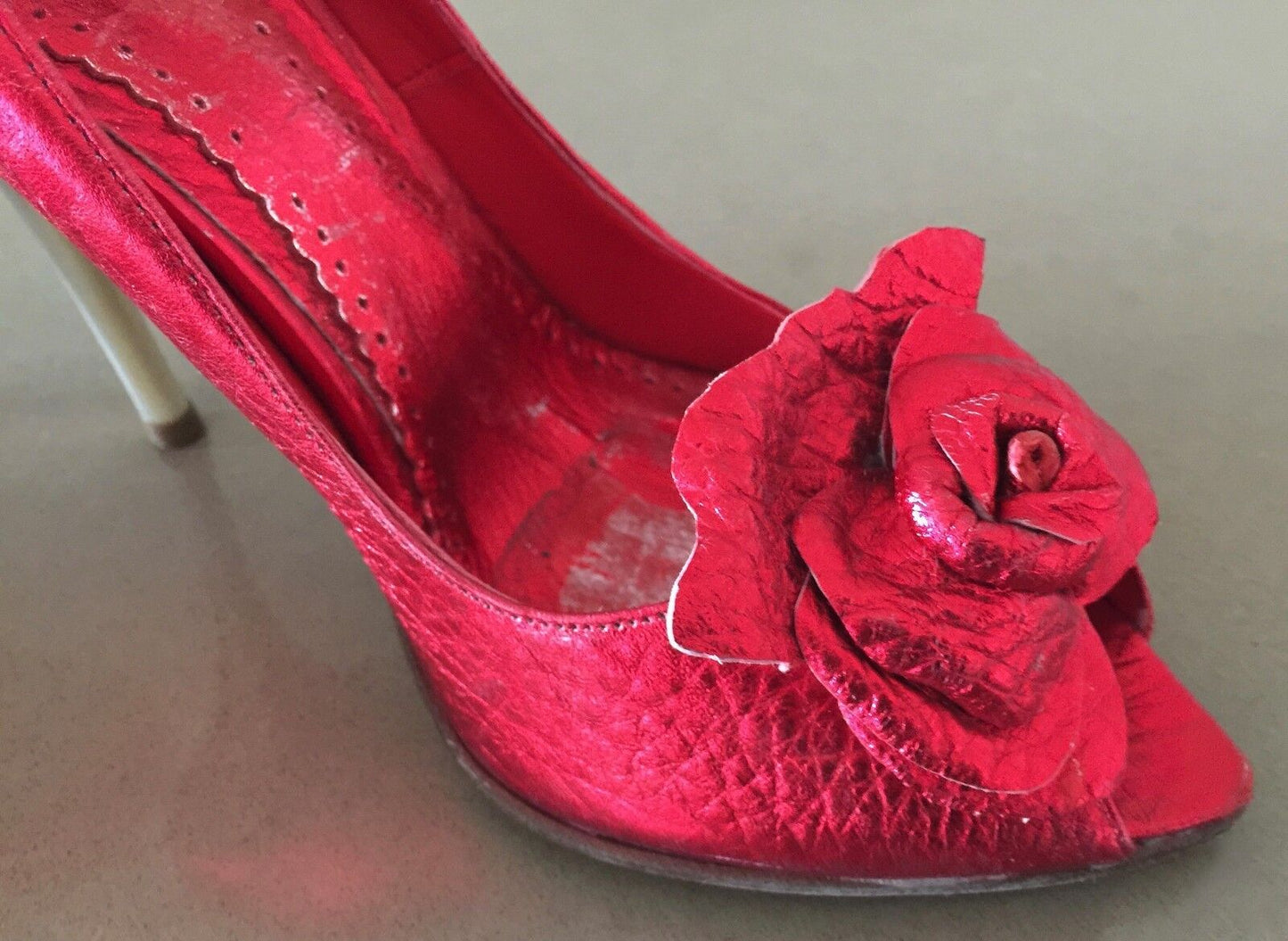 PARADIS Stiletto Heel Shoes Red Grain Leather Peep Toe  Ladies Size 37 Vintage