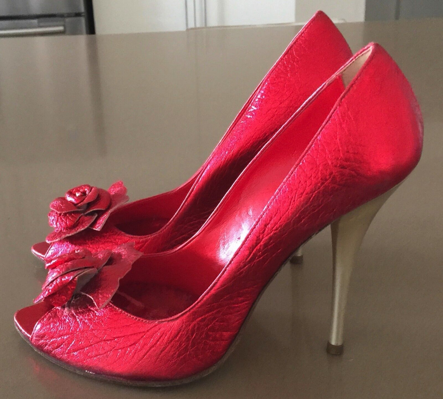 PARADIS Stiletto Heel Shoes Red Grain Leather Peep Toe  Ladies Size 37 Vintage