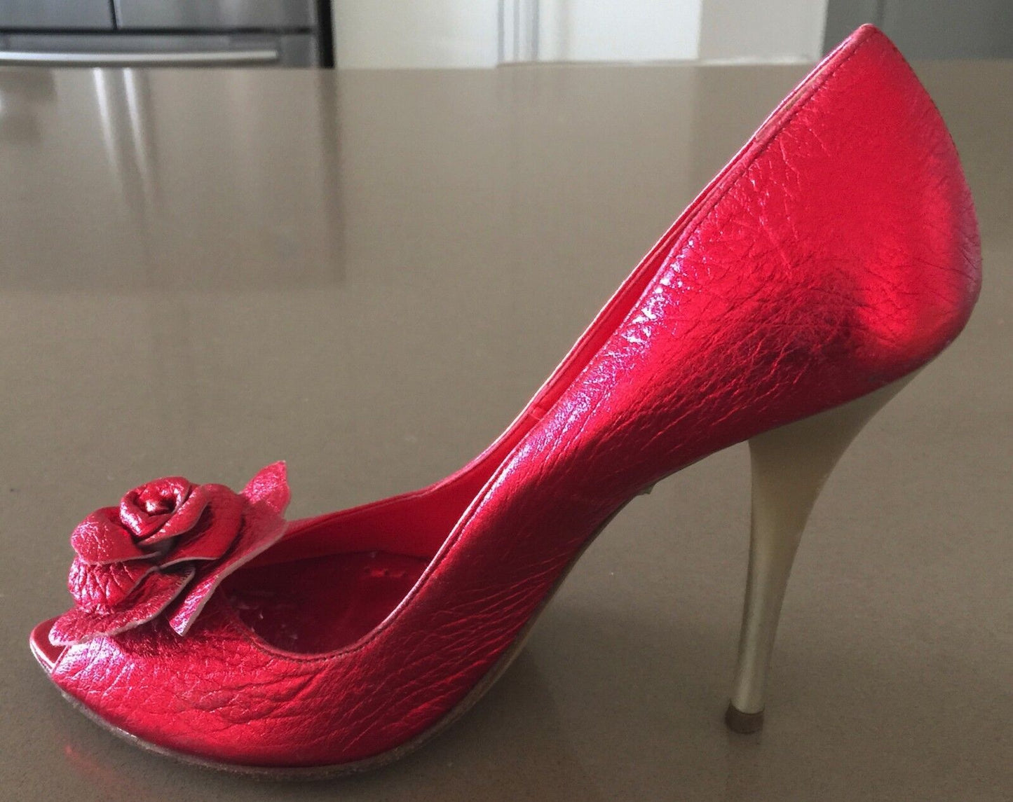 PARADIS Stiletto Heel Shoes Red Grain Leather Peep Toe  Ladies Size 37 Vintage