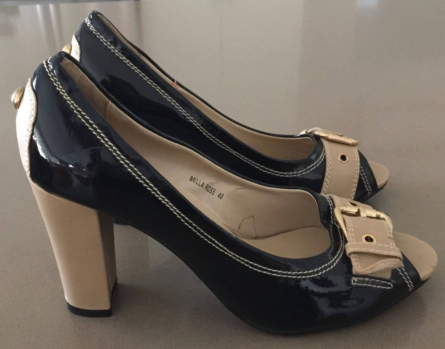 MARCO GIANNI "Bella Rose" Shoes Black Tan Patent Peep Toe Block Heel Size 40 NEW