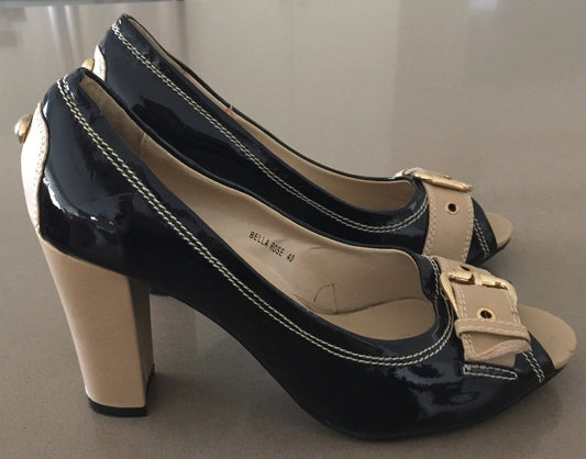 MARCO GIANNI "Bella Rose" Shoes Black Tan Patent Peep Toe Block Heel Size 40 NEW