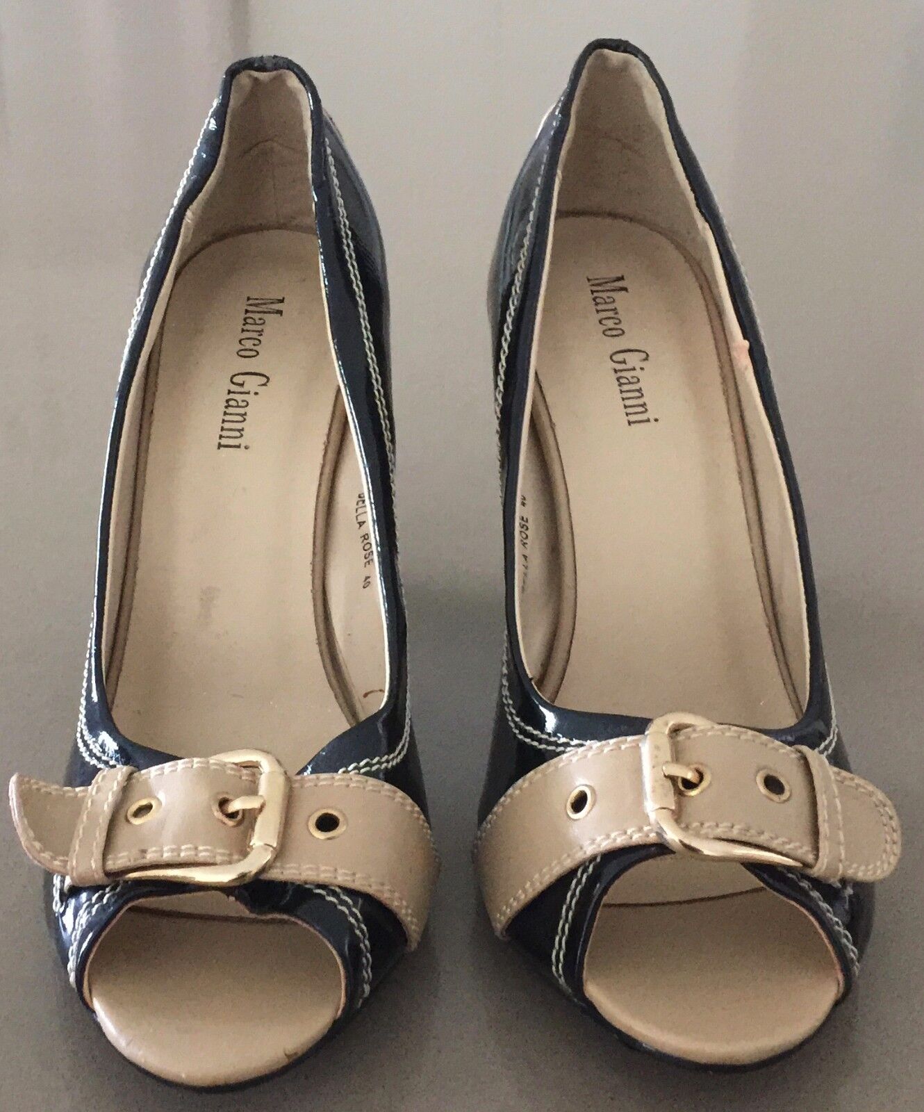 MARCO GIANNI "Bella Rose" Shoes Black Tan Patent Peep Toe Block Heel Size 40 NEW