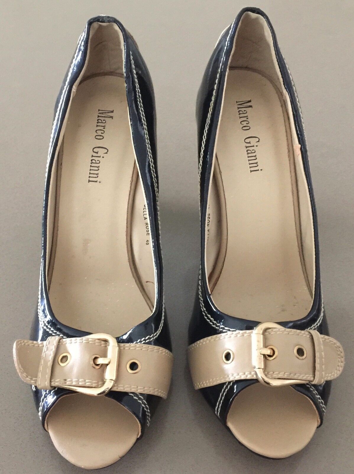 MARCO GIANNI "Bella Rose" Shoes Black Tan Patent Peep Toe Block Heel Size 40 NEW
