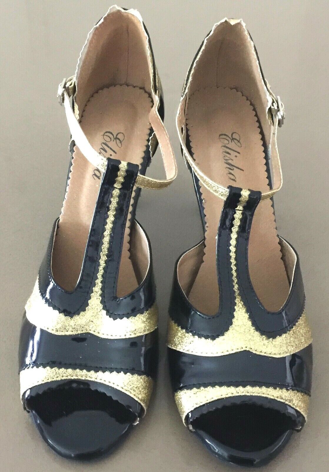 ELISHA Shoes Black Patent Gold Glitter Ballroom Dancing Salsa Ladies US 11 EU 43