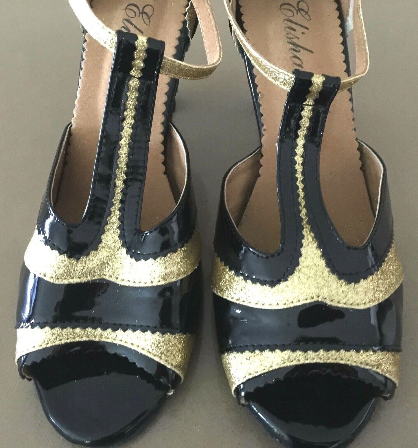 ELISHA Shoes Black Patent Gold Glitter Ballroom Dancing Salsa Ladies US 11 EU 43