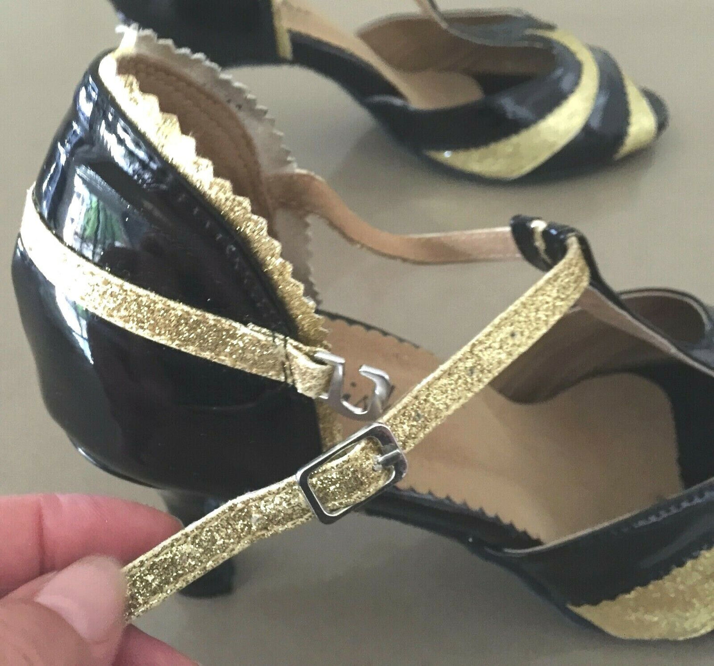 ELISHA Shoes Black Patent Gold Glitter Ballroom Dancing Salsa Ladies US 11 EU 43