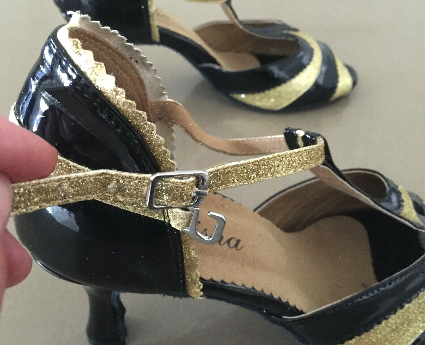 ELISHA Shoes Black Patent Gold Glitter Ballroom Dancing Salsa Ladies US 11 EU 43