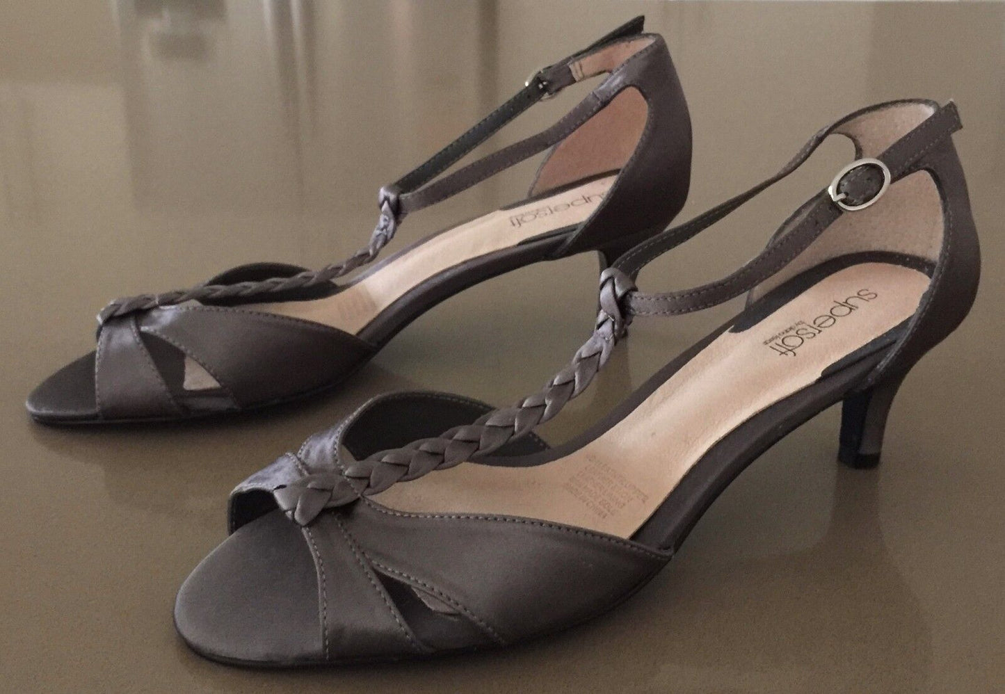 DIANA FERRARI SUPERSOFT Shoes T-Bar Kitten Heels Pewter Fabric Ladies 10 C NEW