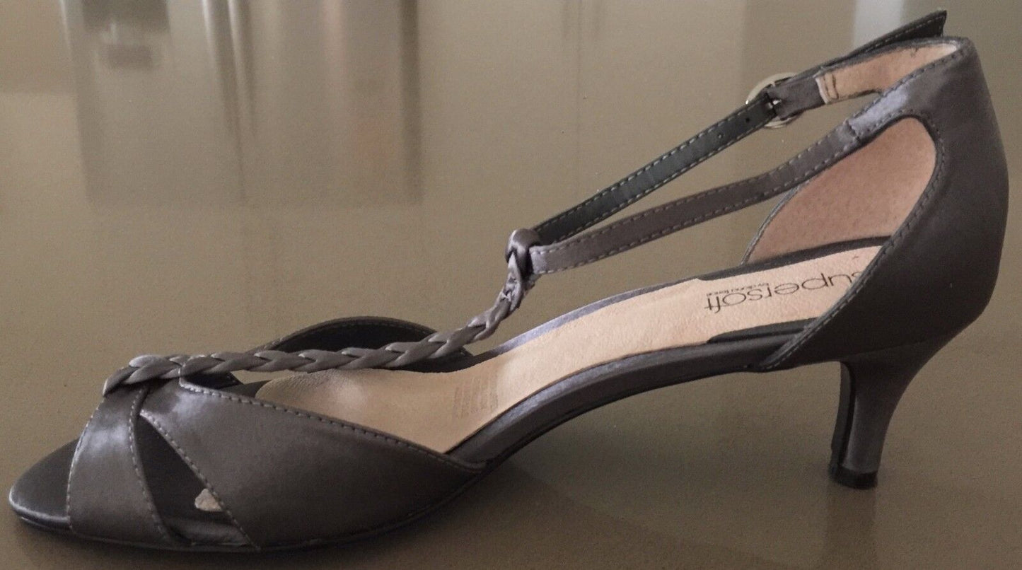 DIANA FERRARI SUPERSOFT Shoes T-Bar Kitten Heels Pewter Fabric Ladies 10 C NEW