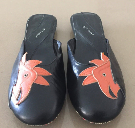 H S Collection Shoes Handtooled Leather Black Orange Cockatoos Slides 7 7.5