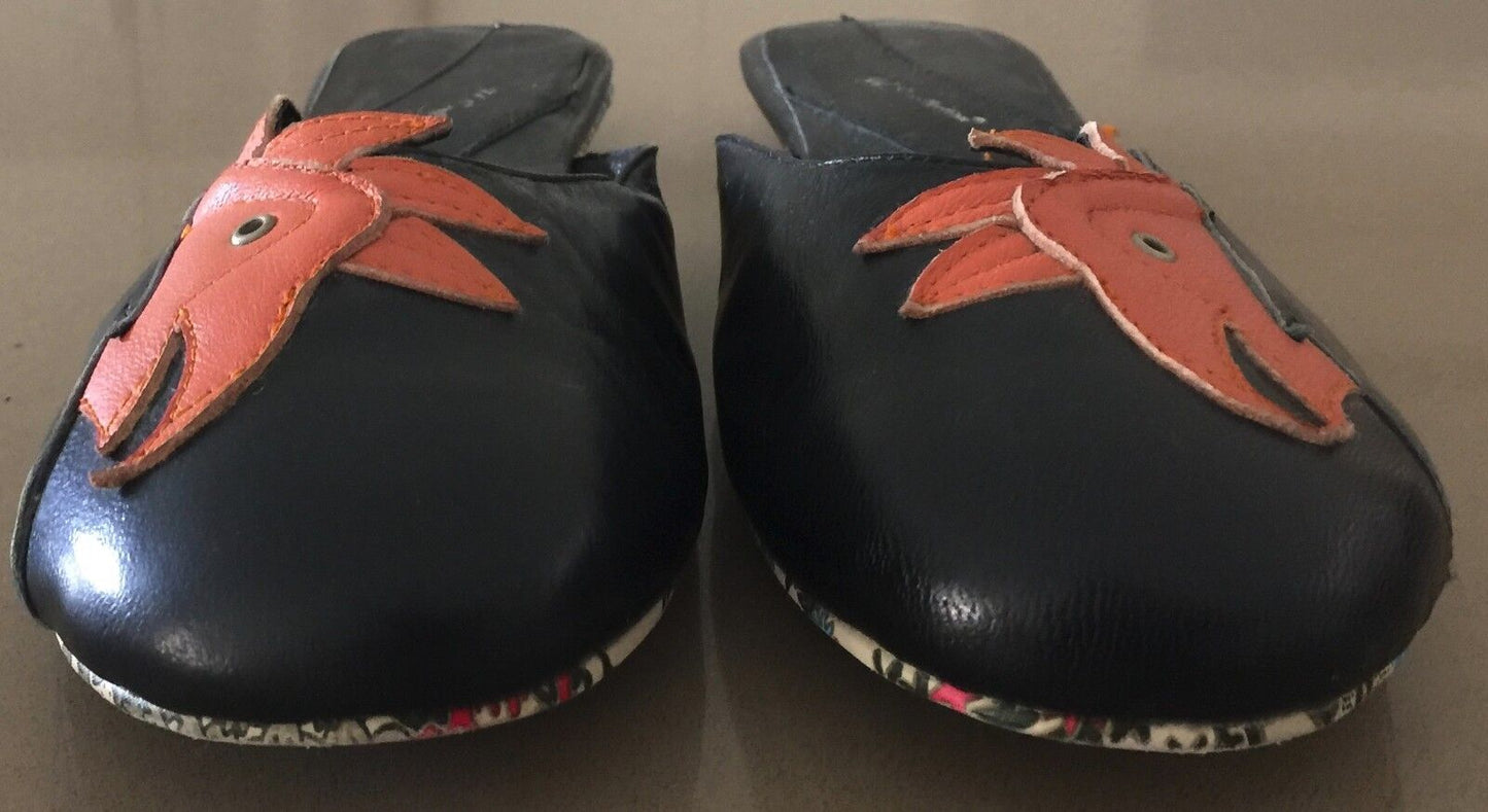 H S Collection Shoes Handtooled Leather Black Orange Cockatoos Slides 7 7.5