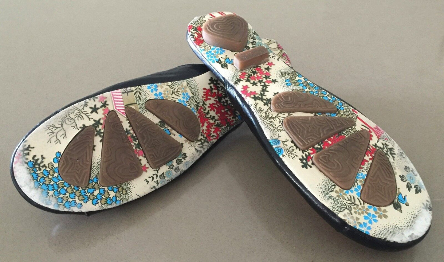 H S Collection Shoes Handtooled Leather Black Orange Cockatoos Slides 7 7.5