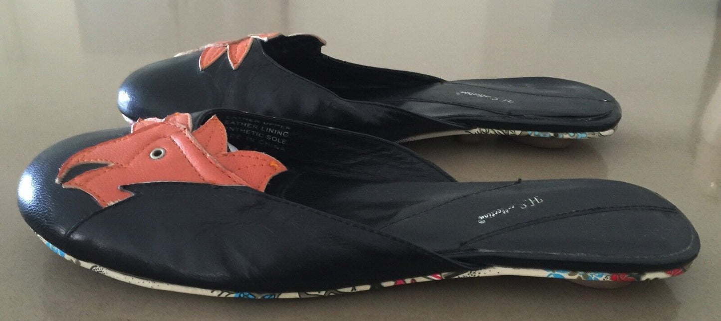 H S Collection Shoes Handtooled Leather Black Orange Cockatoos Slides 7 7.5