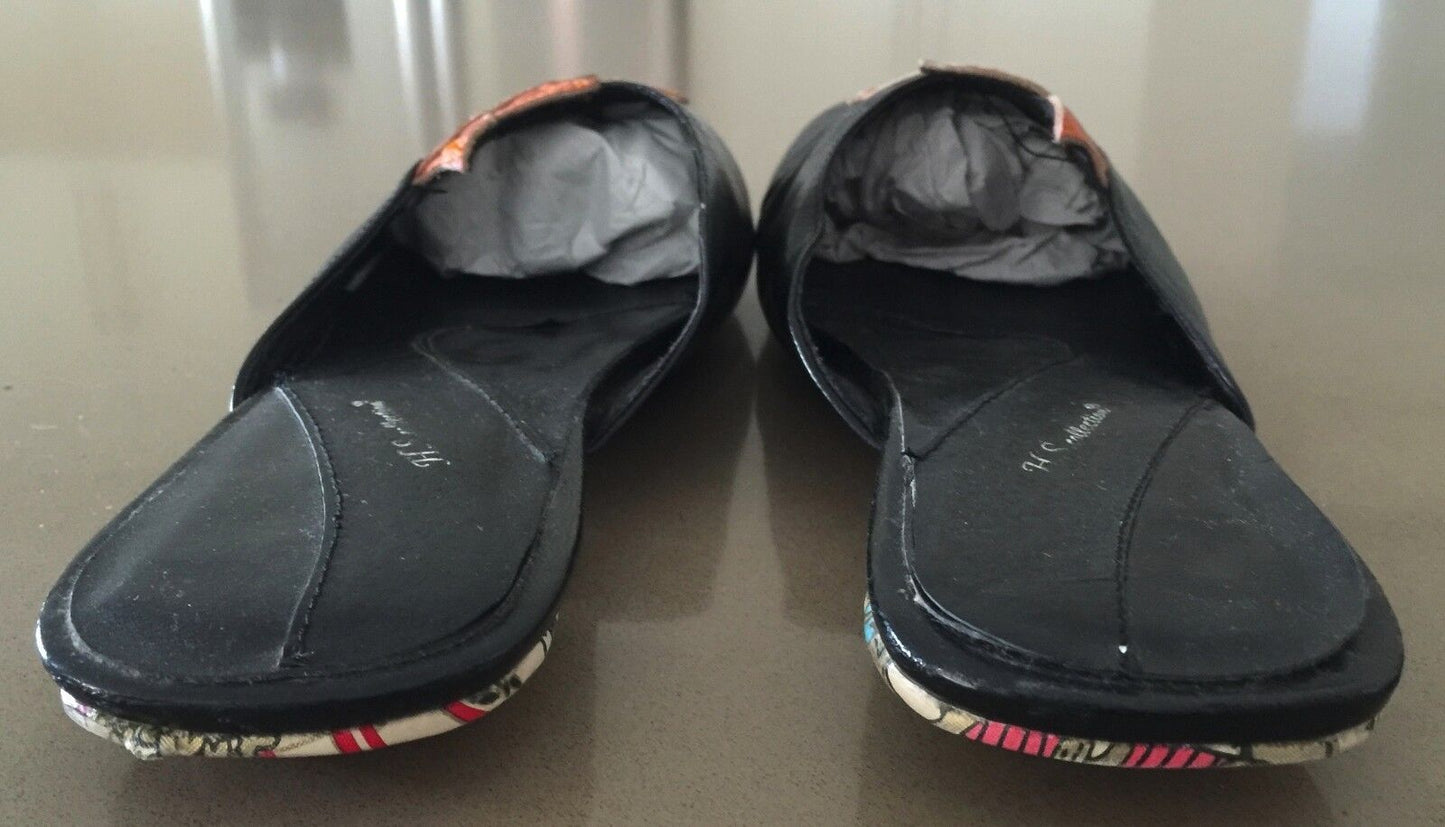 H S Collection Shoes Handtooled Leather Black Orange Cockatoos Slides 7 7.5