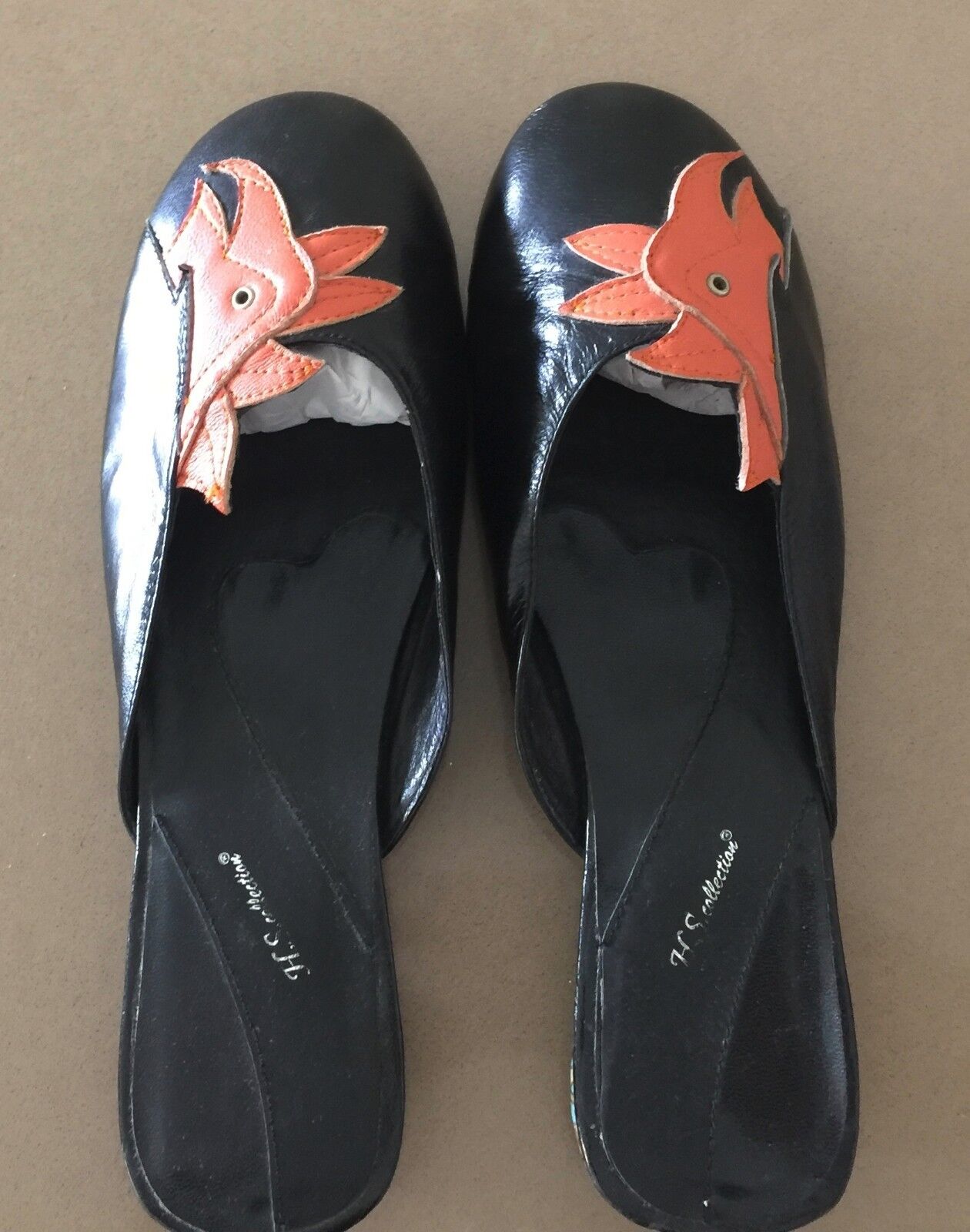 H S Collection Shoes Handtooled Leather Black Orange Cockatoos Slides 7 7.5