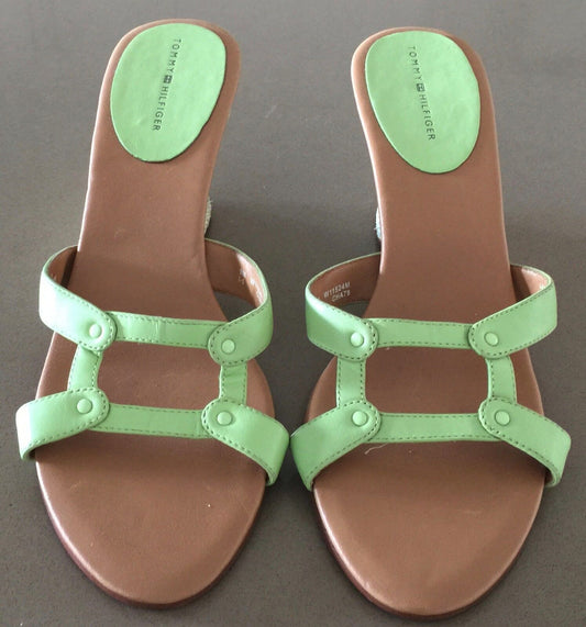 TOMMY HILFIGER Sandals Open Toe Light Green Leather Wedge Heel Shoes Ladies 9M
