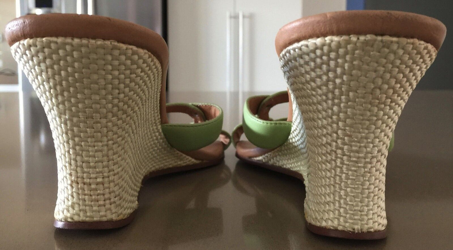 TOMMY HILFIGER Sandals Open Toe Light Green Leather Wedge Heel Shoes Ladies 9M