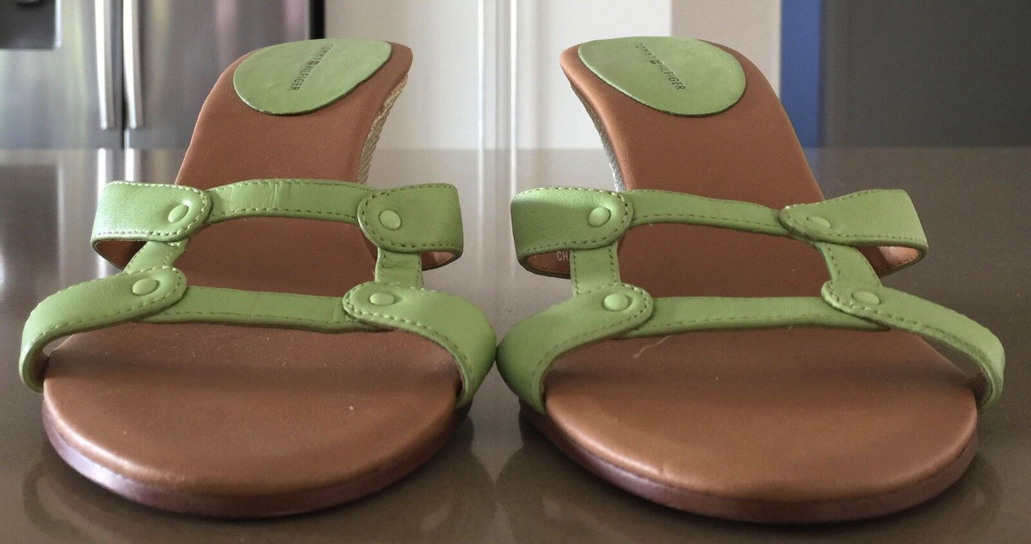 TOMMY HILFIGER Sandals Open Toe Light Green Leather Wedge Heel Shoes Ladies 9M