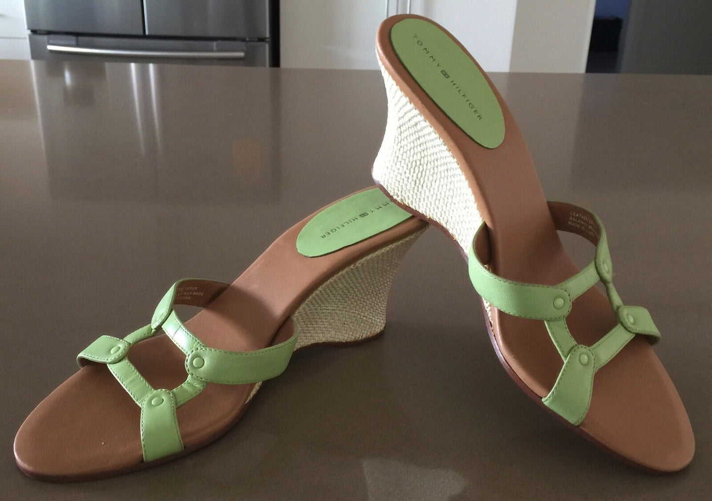 TOMMY HILFIGER Sandals Open Toe Light Green Leather Wedge Heel Shoes Ladies 9M