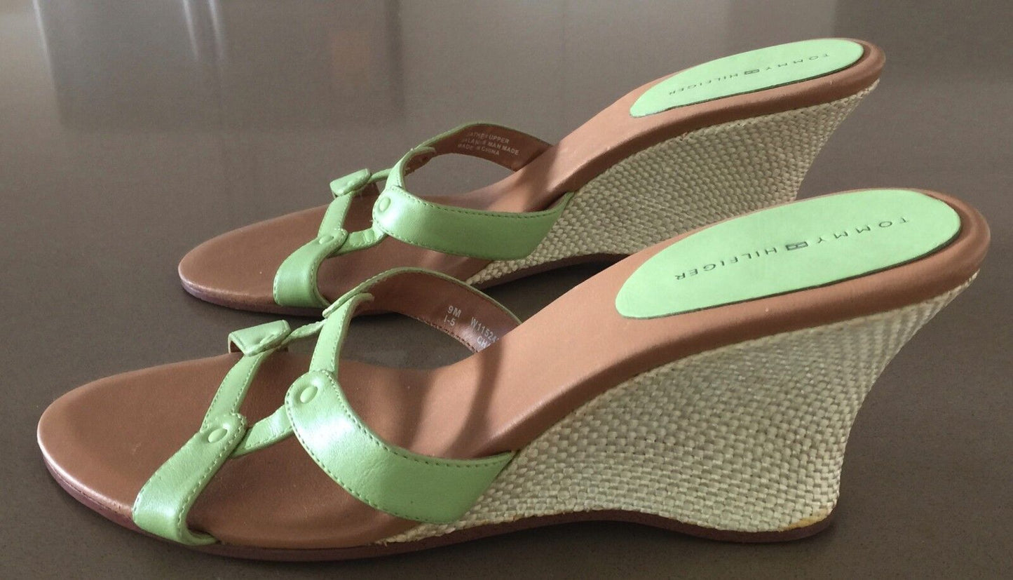 TOMMY HILFIGER Sandals Open Toe Light Green Leather Wedge Heel Shoes Ladies 9M