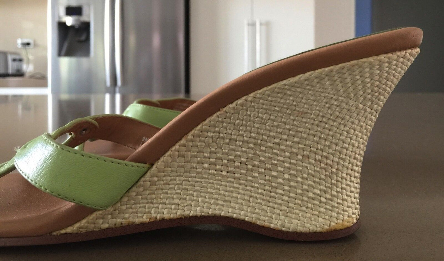 TOMMY HILFIGER Sandals Open Toe Light Green Leather Wedge Heel Shoes Ladies 9M