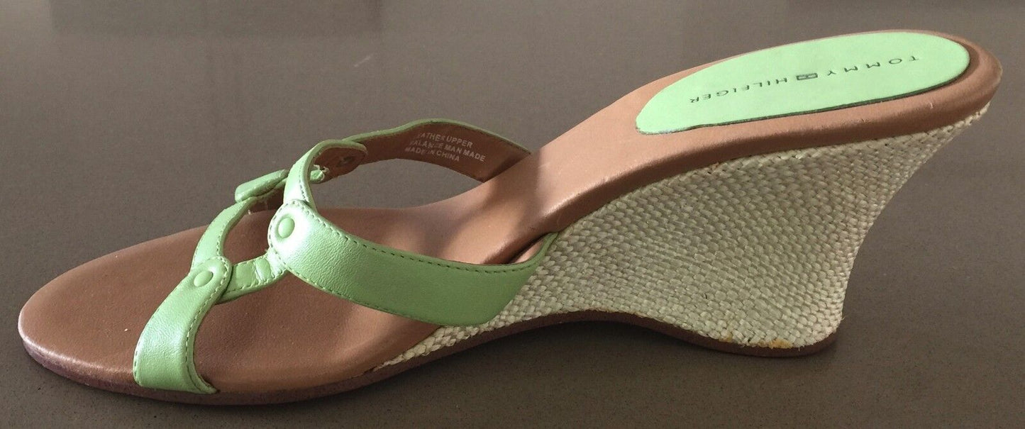 TOMMY HILFIGER Sandals Open Toe Light Green Leather Wedge Heel Shoes Ladies 9M