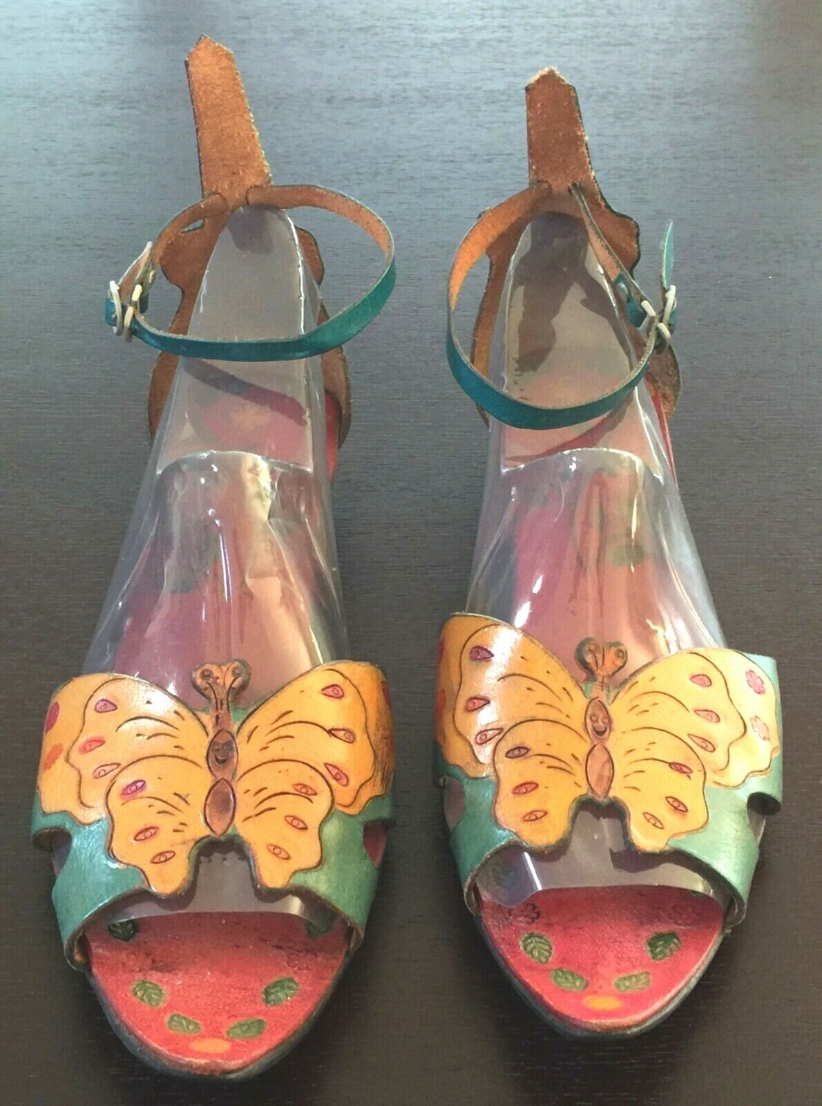 ZINNIA SHOES Boho Sandals HandTooled Leather Colourful Butterfly Ankle Strap 40