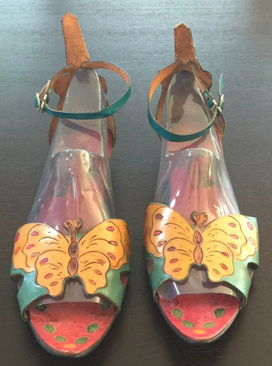 ZINNIA SHOES Boho Sandals HandTooled Leather Colourful Butterfly Ankle Strap 40