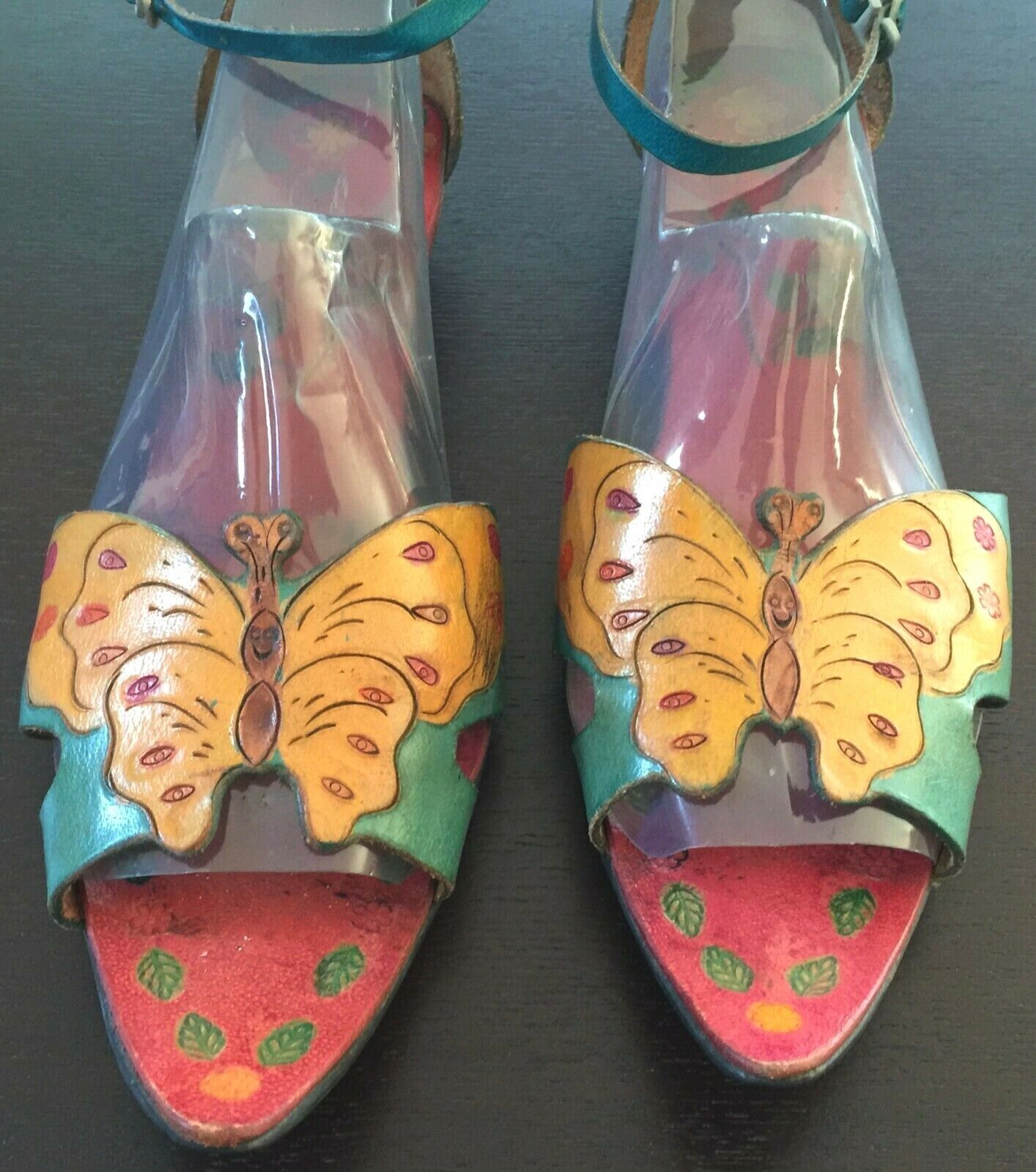 ZINNIA SHOES Boho Sandals HandTooled Leather Colourful Butterfly Ankle Strap 40