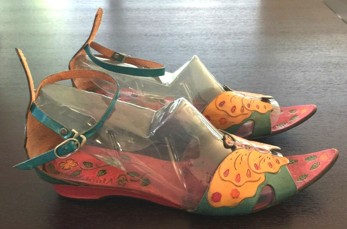 ZINNIA SHOES Boho Sandals HandTooled Leather Colourful Butterfly Ankle Strap 40