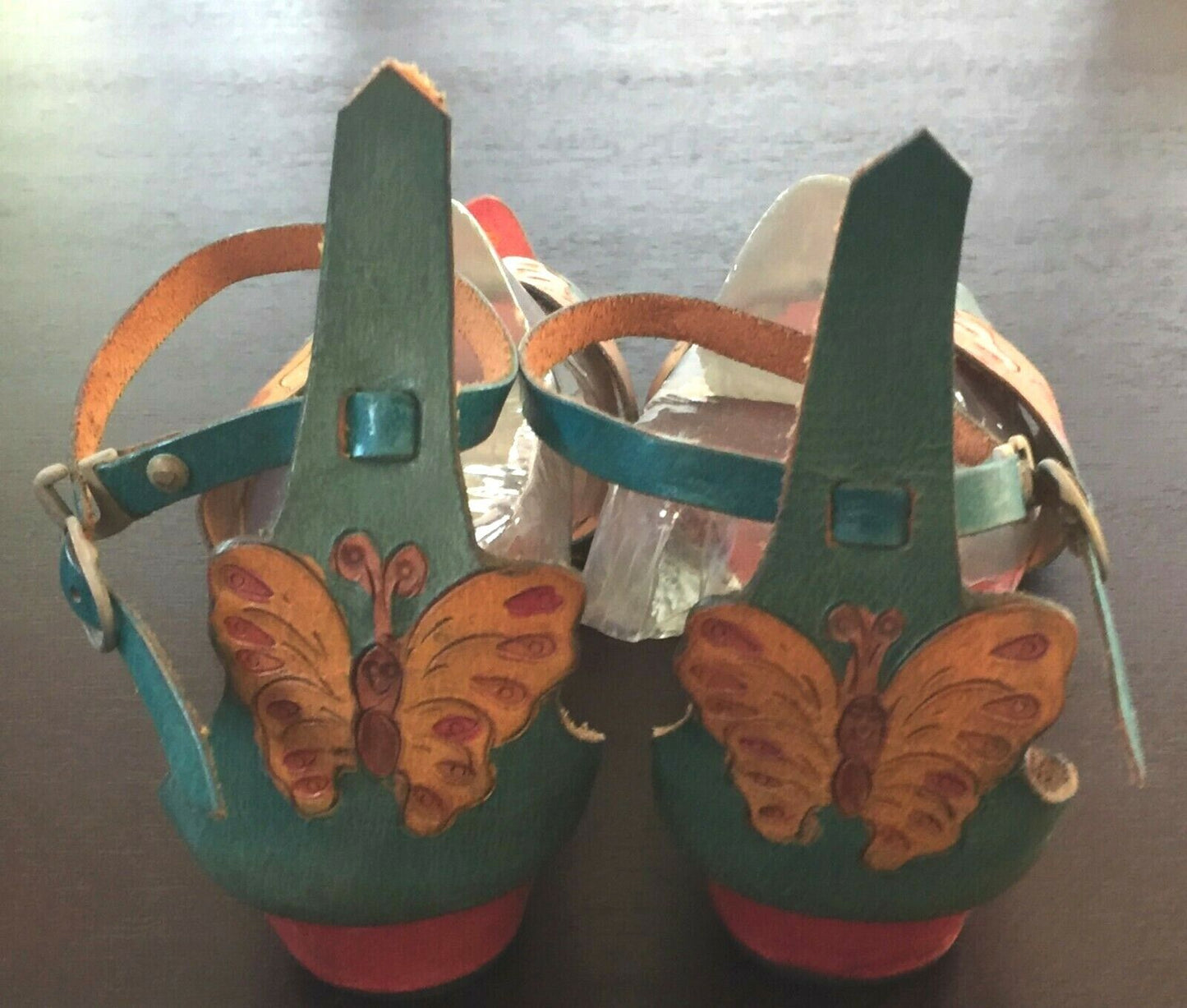 ZINNIA SHOES Boho Sandals HandTooled Leather Colourful Butterfly Ankle Strap 40
