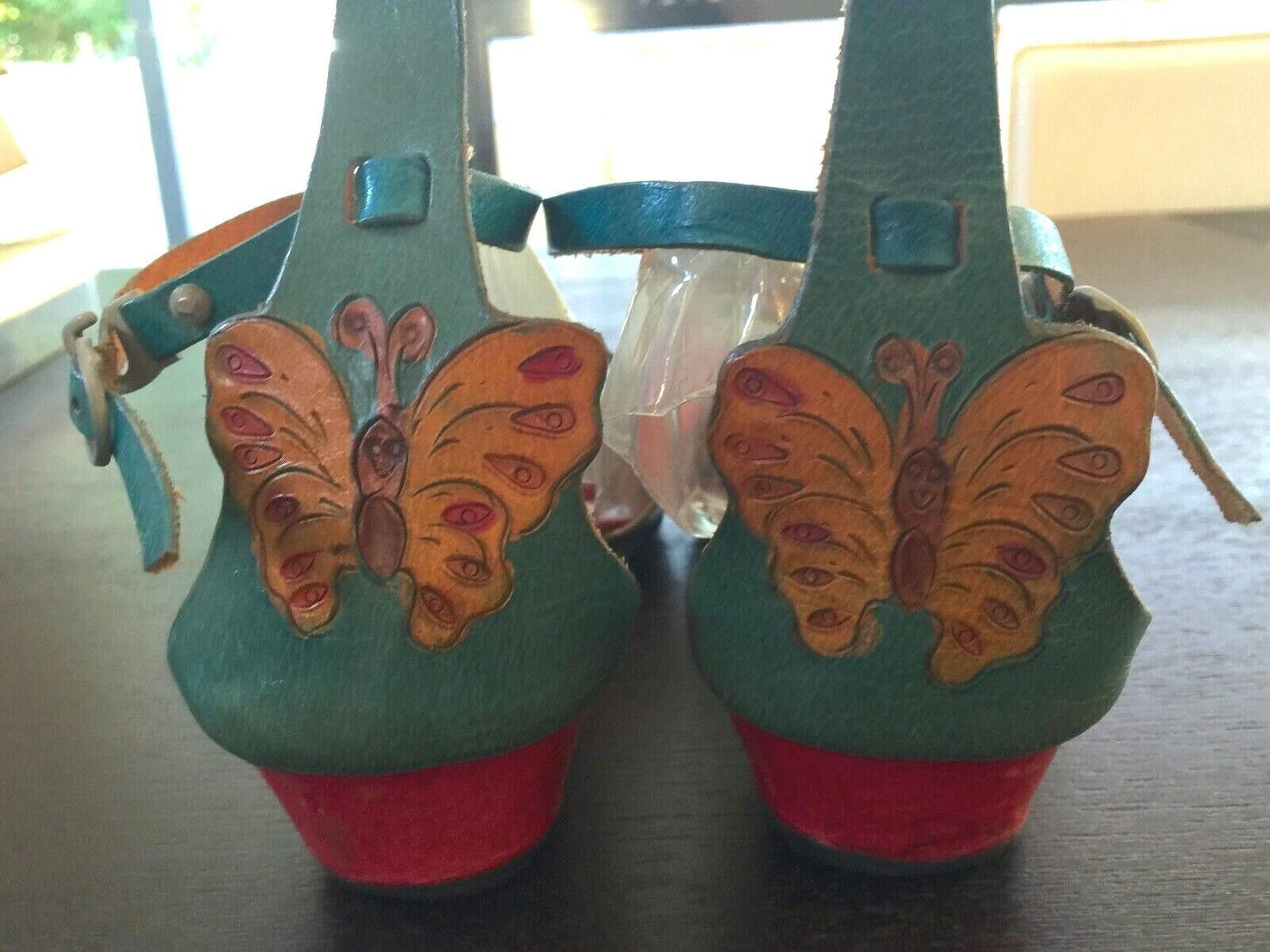 ZINNIA SHOES Boho Sandals HandTooled Leather Colourful Butterfly Ankle Strap 40