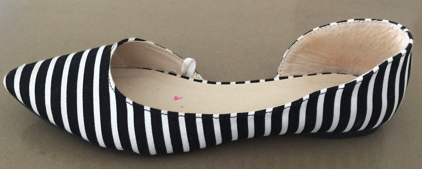 FLATS Shoes Black White Fabric Stripe Pointy Toe Size 7 Pin Up Style Gorgeous