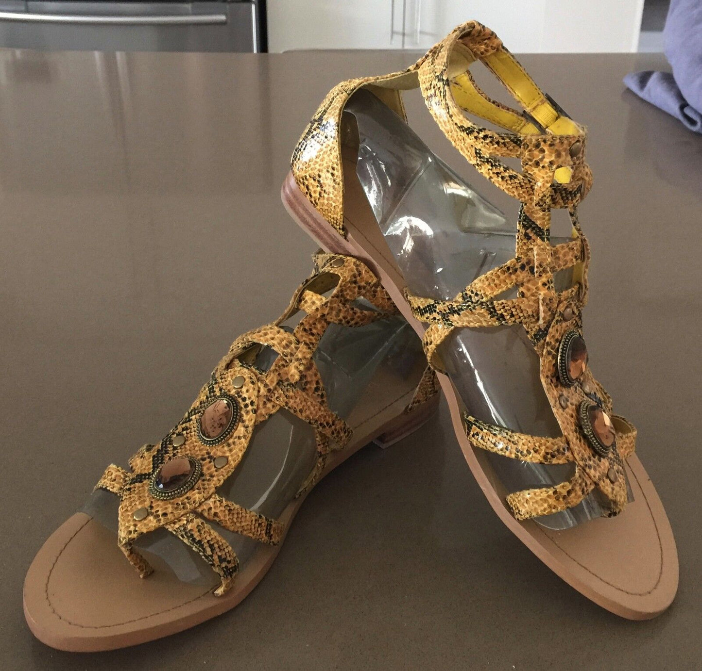 PREVATA Gladiator Sandals Embellished Yellow Black Snake Print Shoes Sz 11 NEW