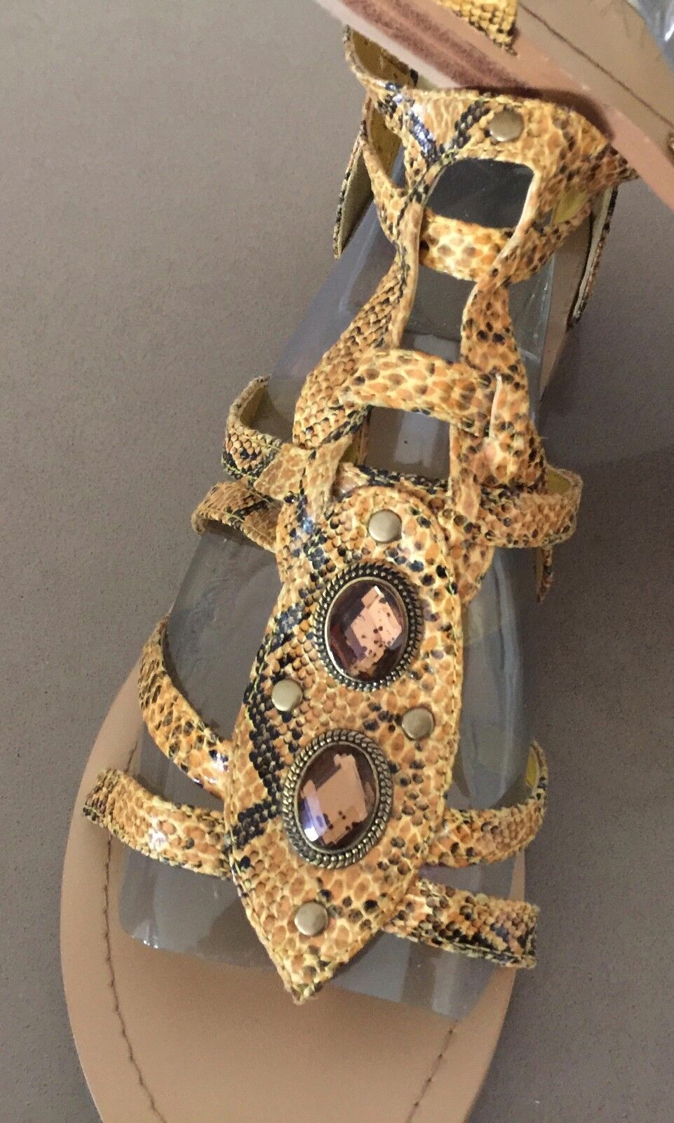 PREVATA Gladiator Sandals Embellished Yellow Black Snake Print Shoes Sz 11 NEW
