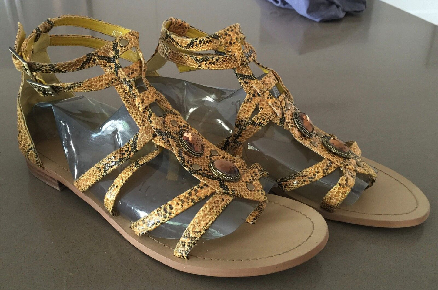 PREVATA Gladiator Sandals Embellished Yellow Black Snake Print Shoes Sz 11 NEW