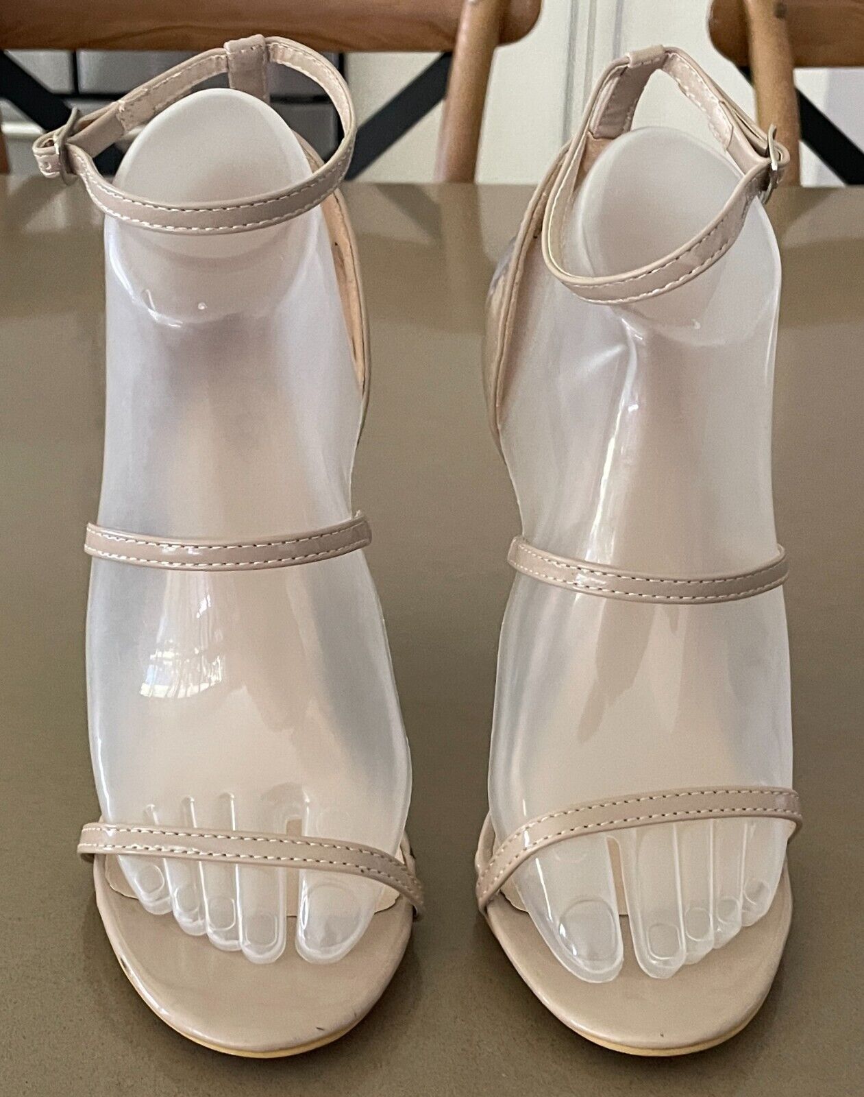 CHIC Nude Patent PU Ankle Strap Stiletto Heels Shoes Size AU 8 UK 6 EUR 39 NEW