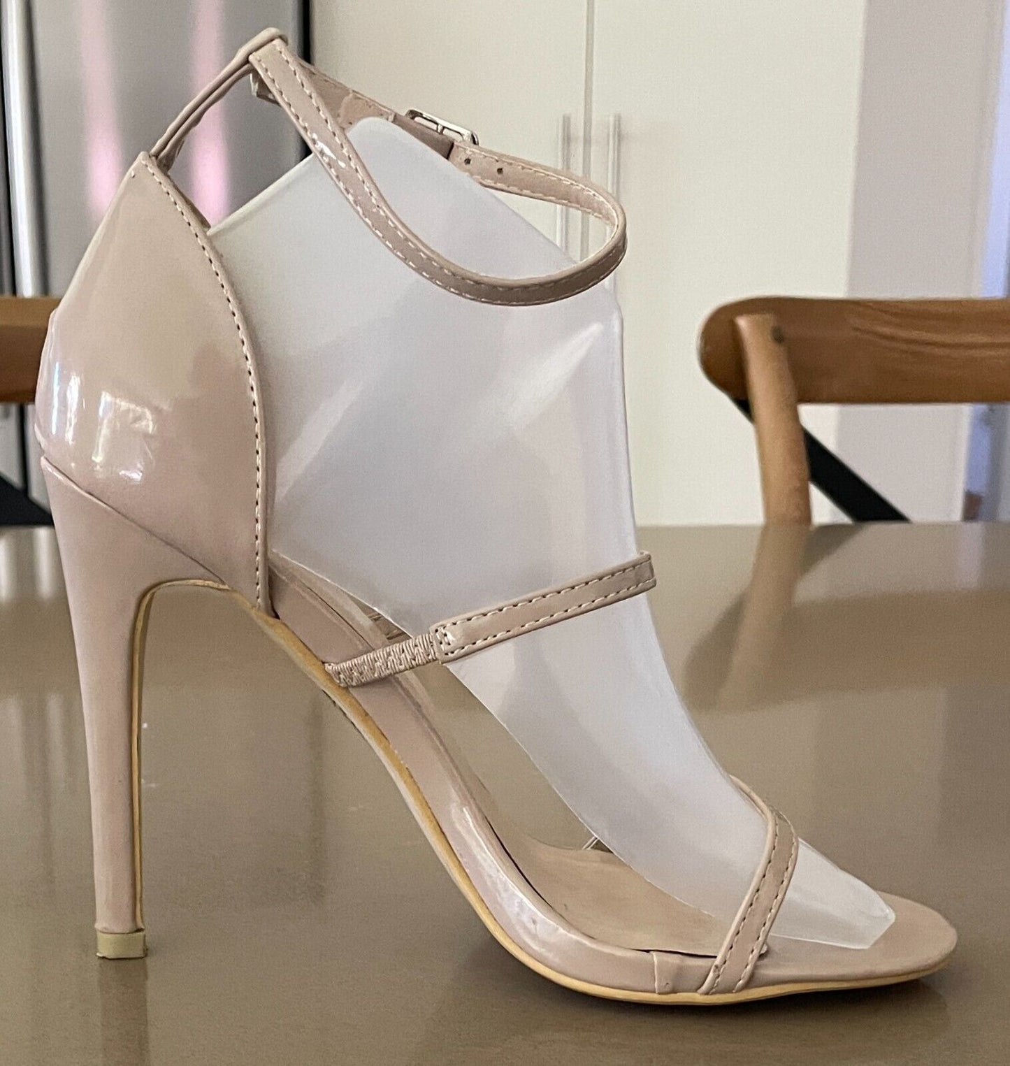 CHIC Nude Patent PU Ankle Strap Stiletto Heels Shoes Size AU 8 UK 6 EUR 39 NEW