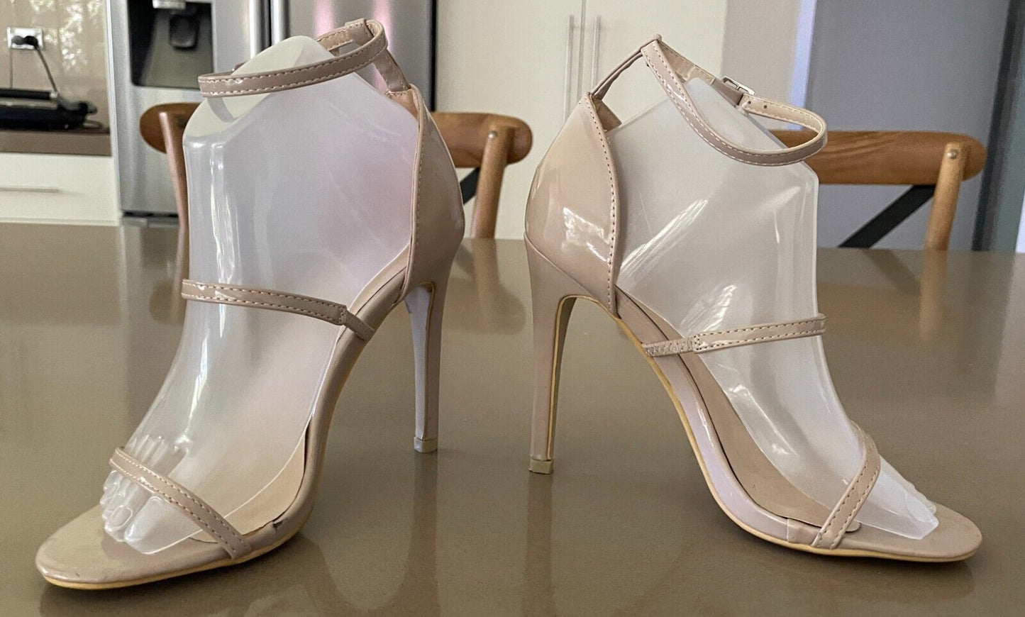 CHIC Nude Patent PU Ankle Strap Stiletto Heels Shoes Size AU 8 UK 6 EUR 39 NEW