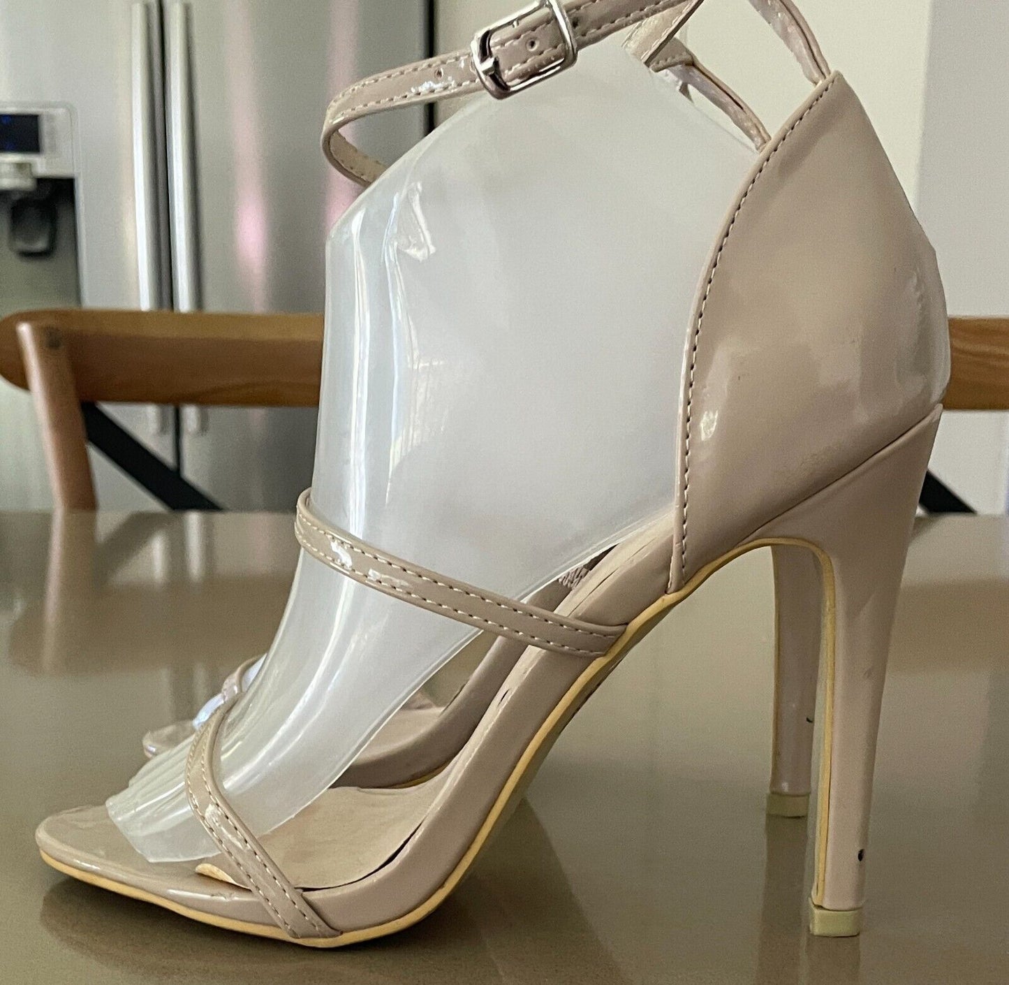 CHIC Nude Patent PU Ankle Strap Stiletto Heels Shoes Size AU 8 UK 6 EUR 39 NEW