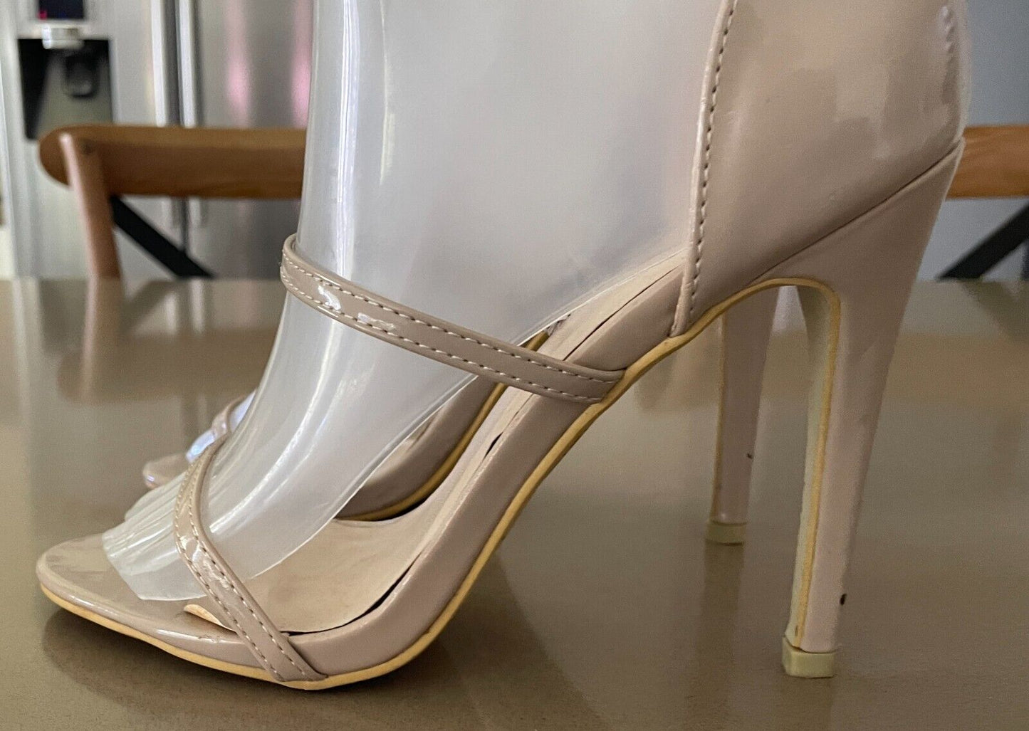 CHIC Nude Patent PU Ankle Strap Stiletto Heels Shoes Size AU 8 UK 6 EUR 39 NEW