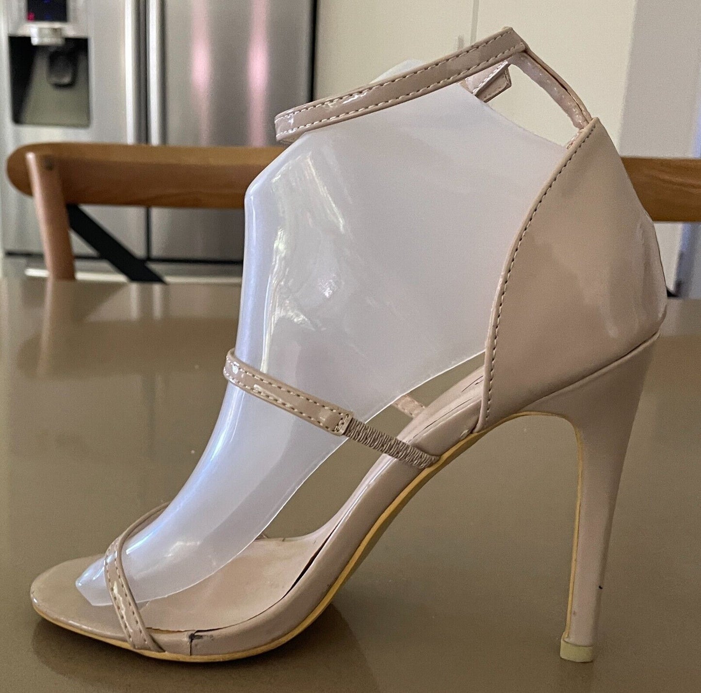 CHIC Nude Patent PU Ankle Strap Stiletto Heels Shoes Size AU 8 UK 6 EUR 39 NEW