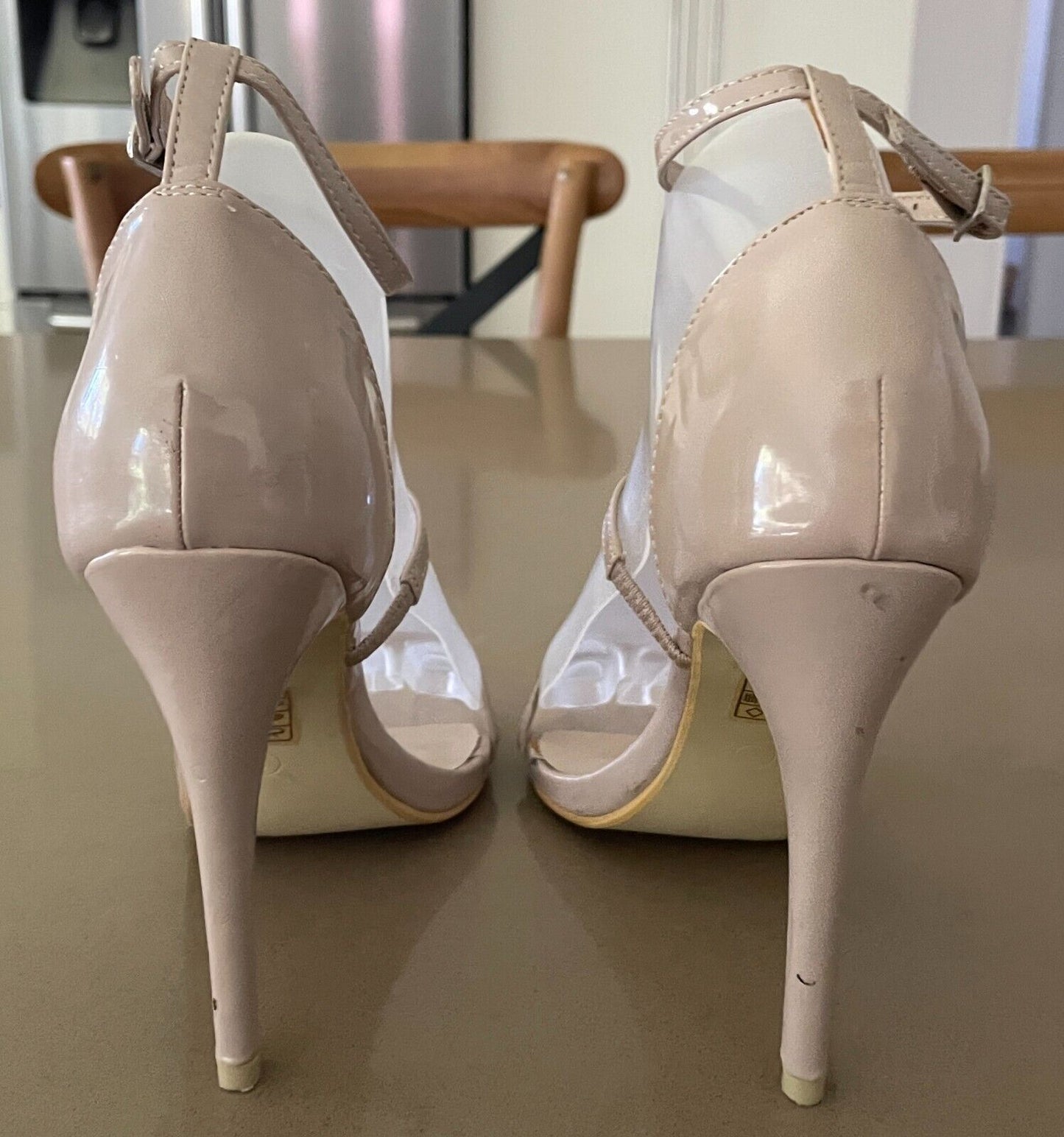 CHIC Nude Patent PU Ankle Strap Stiletto Heels Shoes Size AU 8 UK 6 EUR 39 NEW