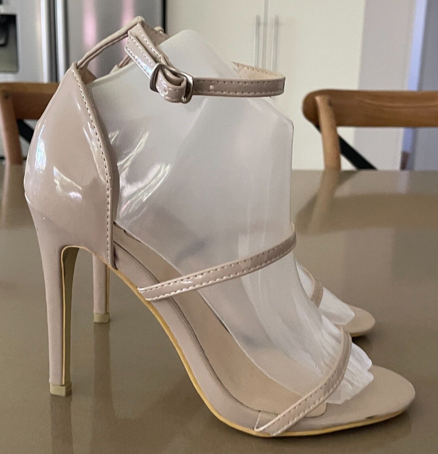 CHIC Nude Patent PU Ankle Strap Stiletto Heels Shoes Size AU 8 UK 6 EUR 39 NEW