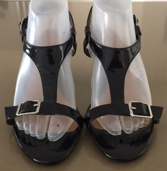 CORELLI "Desmon" Open Toes T-Bar Shoes Black Patent Pleather Heels Ladies Size 9