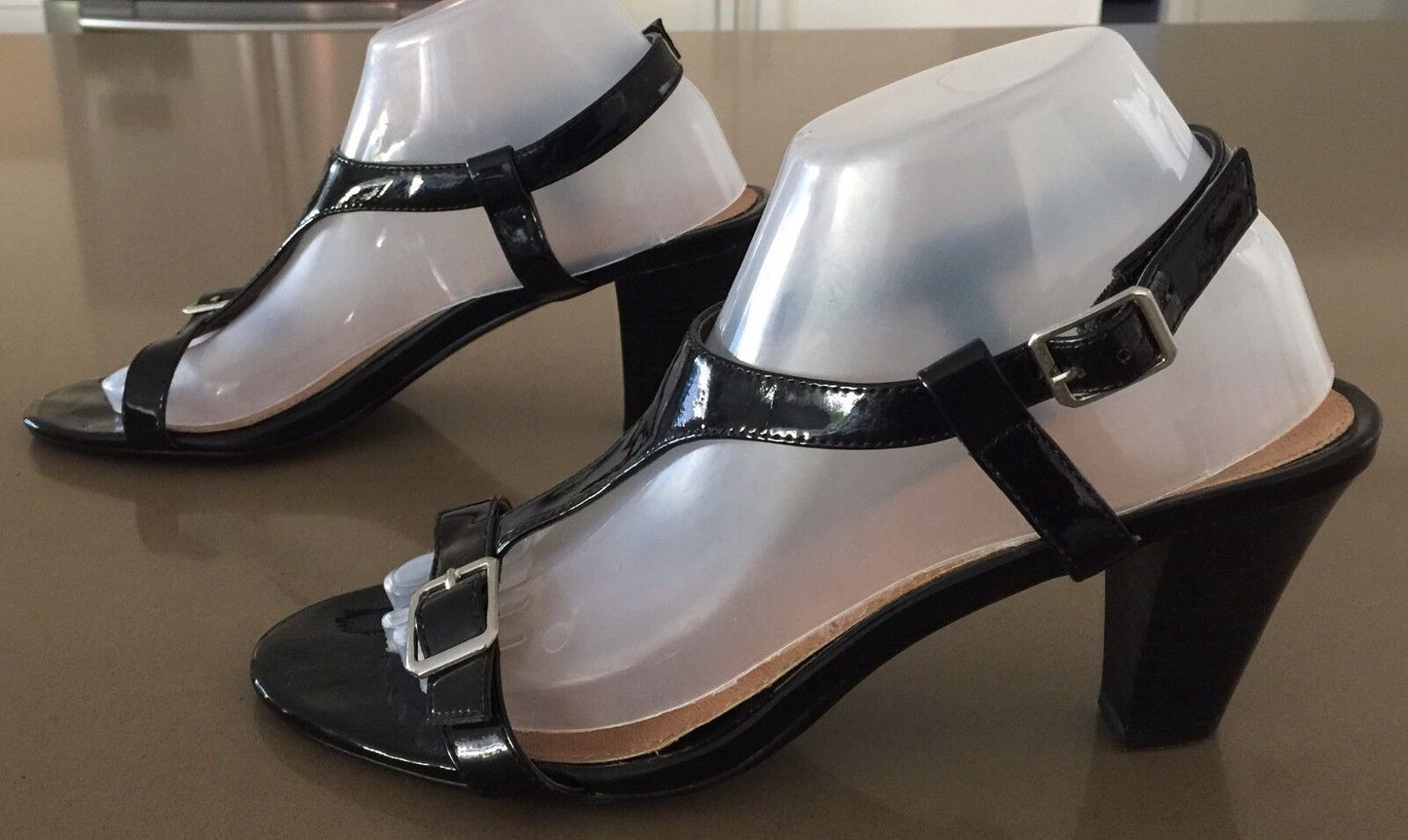 CORELLI "Desmon" Open Toes T-Bar Shoes Black Patent Pleather Heels Ladies Size 9