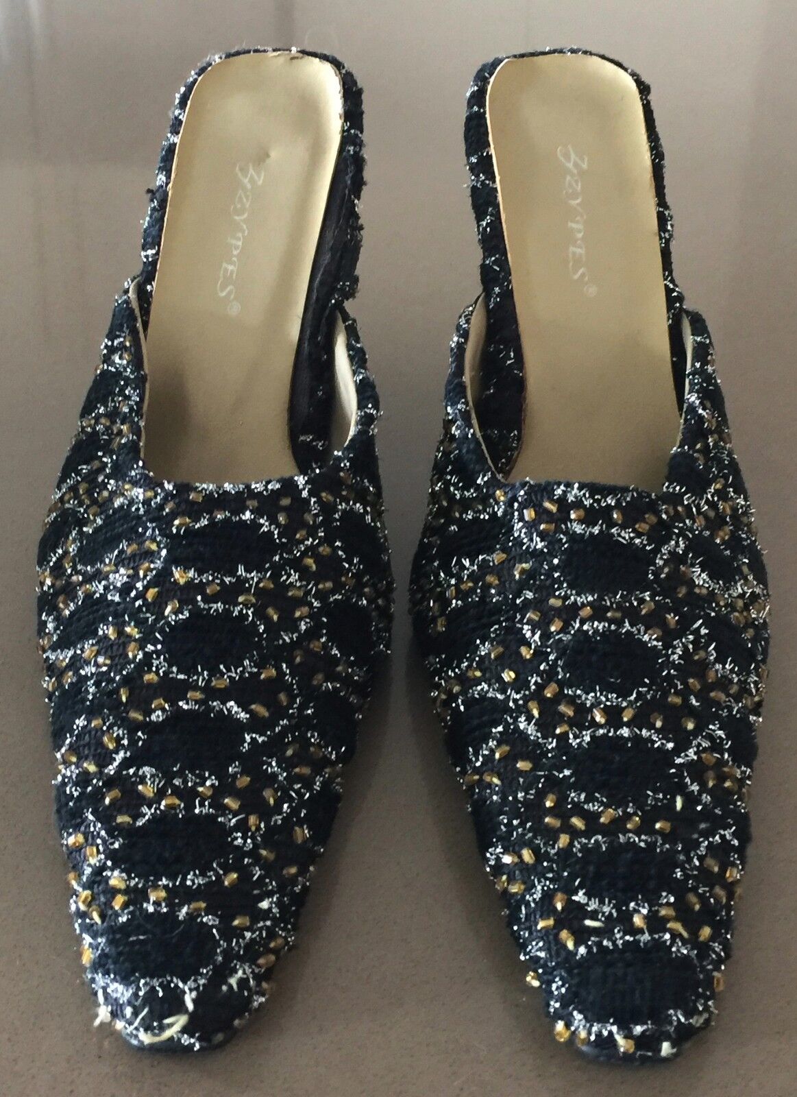 Retro Mule Shoes Black Silver & Gold Textured Embellished Fabric Heels Size 36