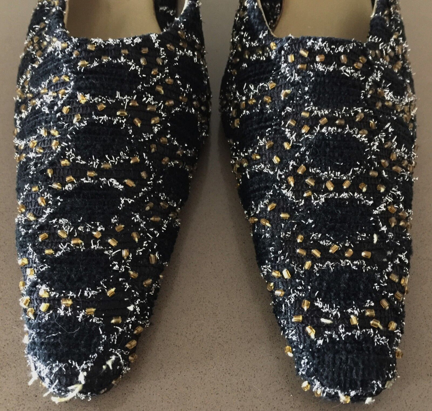 Retro Mule Shoes Black Silver & Gold Textured Embellished Fabric Heels Size 36