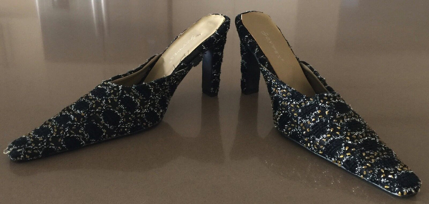 Retro Mule Shoes Black Silver & Gold Textured Embellished Fabric Heels Size 36