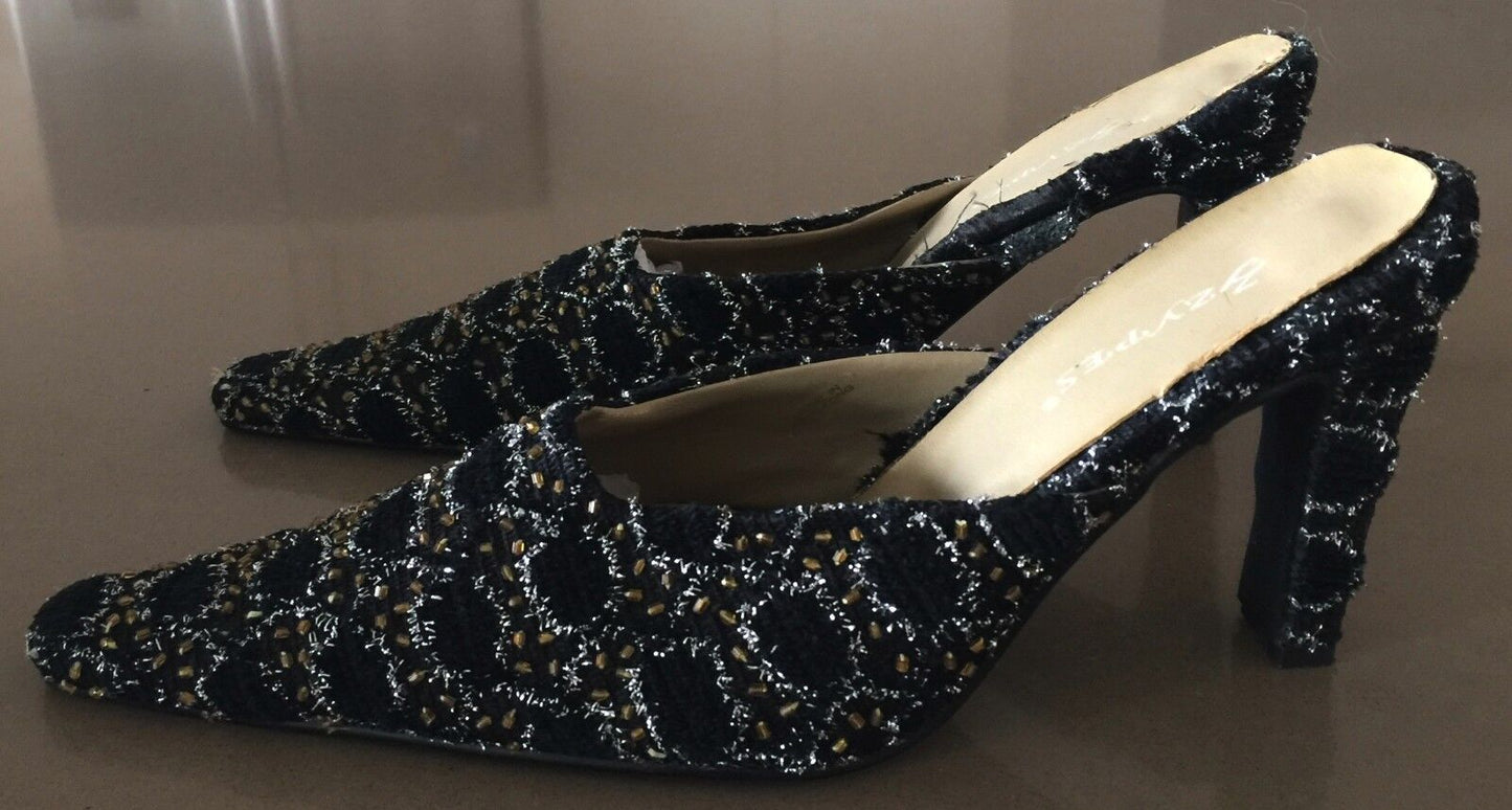 Retro Mule Shoes Black Silver & Gold Textured Embellished Fabric Heels Size 36